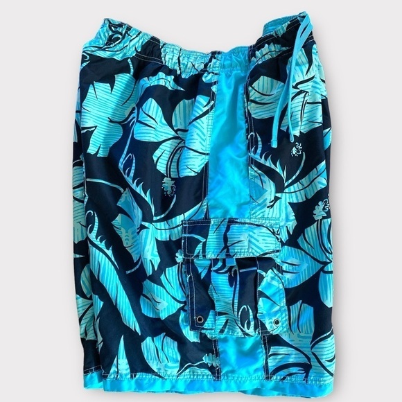 Roundtree & Yorke Big & Tall Palm Leaf Swim Shorts 21” Black Blue Size 2XB - Picture 2 of 8